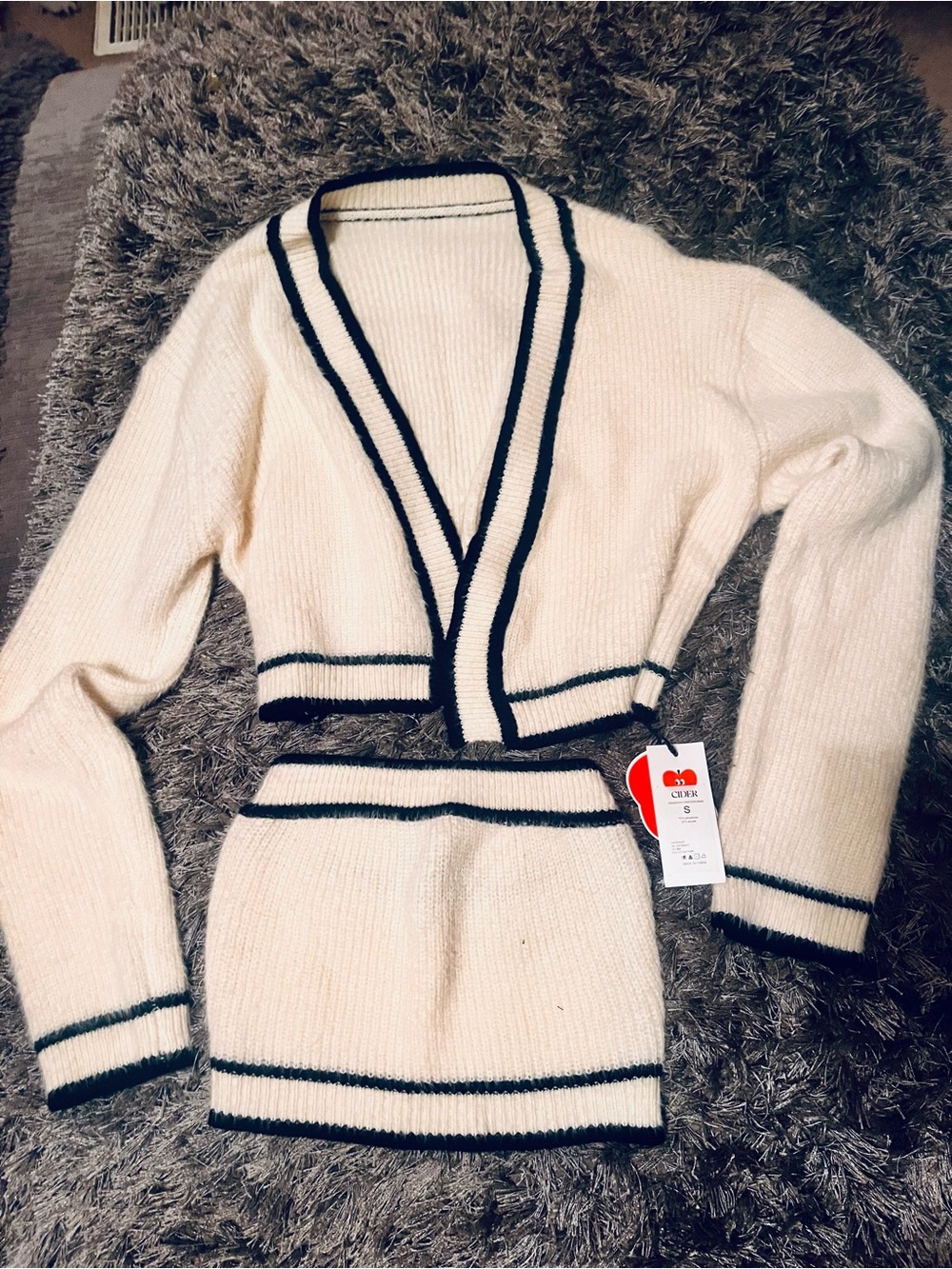 Cider White Two-Piece Knit Cardigan & Crop Top with Black Trim
